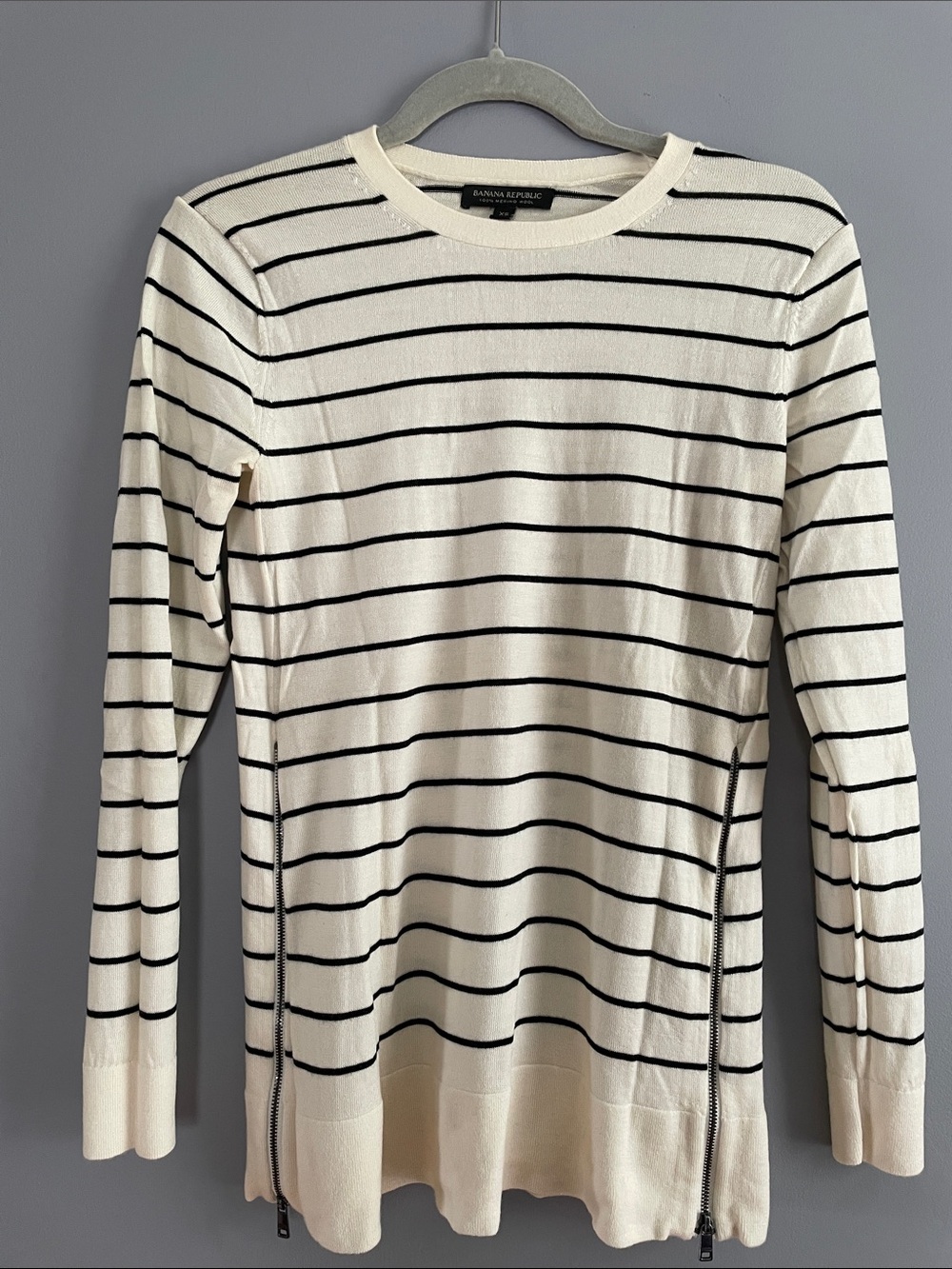 Banana Republic Cream and Black Striped Merino Crewneck Sweater